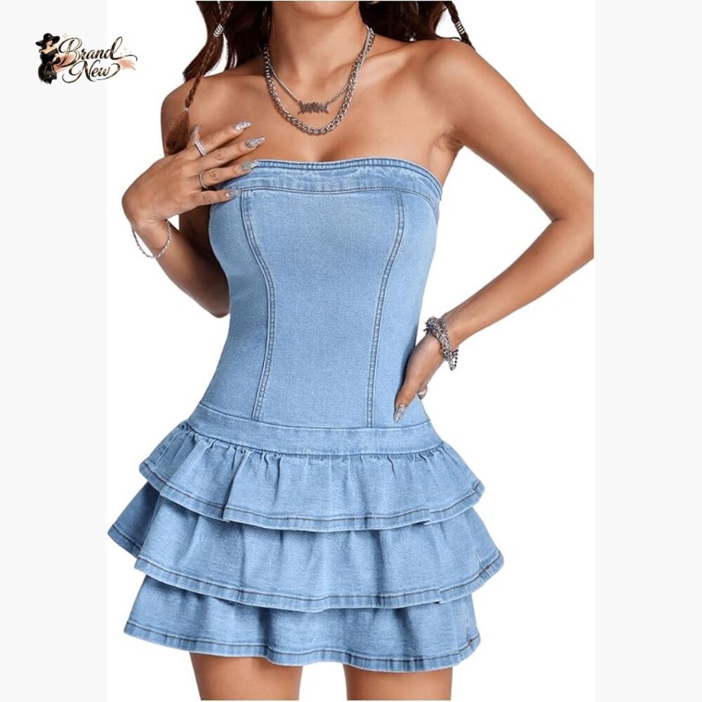 Strapless Denim Mini Dress with Layered Ruffles, Slim Fit Casual Summer - Picture 1 of 6